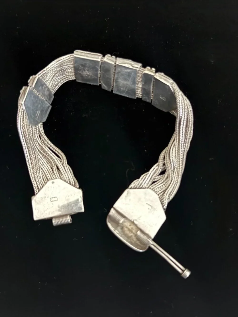 VINTAGE ORNATE MULTI-STRAND SILVER FOXTAIL W/GARNETS BRACELET